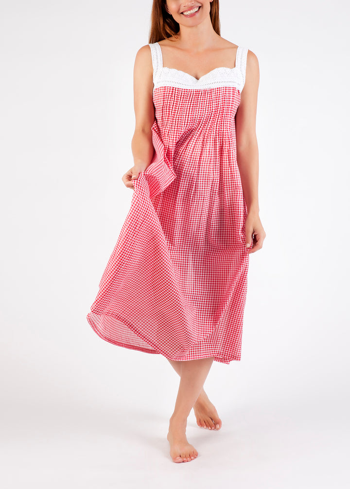 Nightie Pin Tucked Laced Gingham