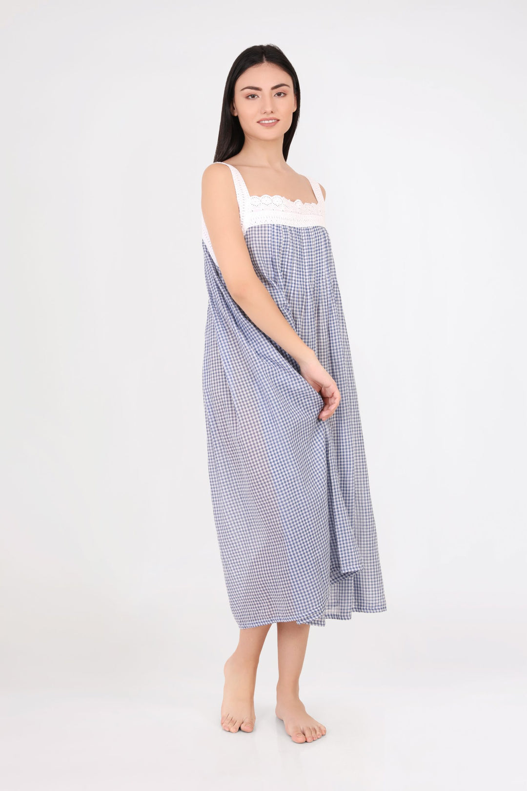 Nightie Pin Tucked Laced Gingham